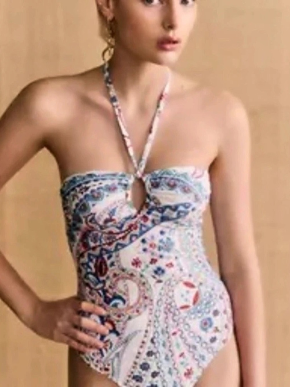 Sézane Paisley One-Piece Swimsuit in White & Blue Like New